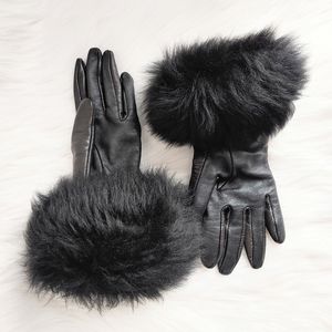 UGG Dramatic Black Shearling Fur Cuff Leather Gloves, M